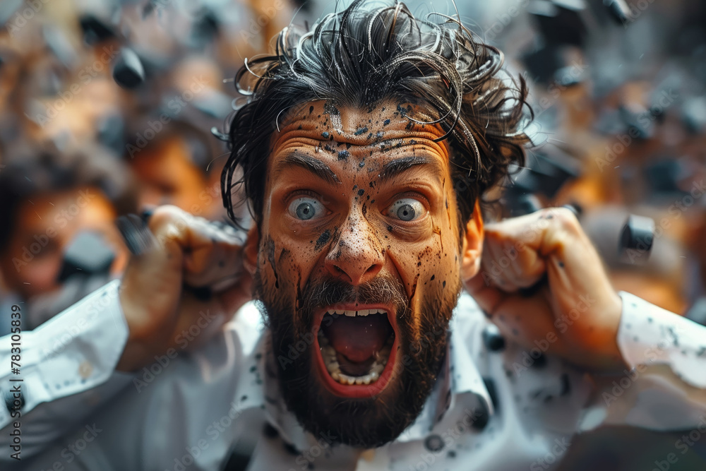Man in confetti with shocked expression Man in confetti with shocked expression
