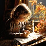 A young artist immersed in the act of sketching on a vibrant sketchpad, entranced by their own creation, with a curious tabby cat perched beside them