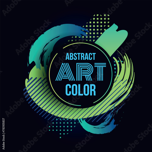 Abstract art poster. Social media post. Green and blue Half dots and paint drops isolated on black background. Bright smears emblem and label. Brushstrokes and stains. Vector illustration template