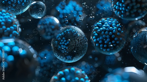 collection of nanomedical, slightly textured, metallic, opaque, futuristic spheres. Each of the spheres has a few pharmaceutical blue micro-spheres spread across the surface of the larger spheres. 