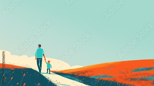 Orange and green tranquil rural grassy road character scene illustration poster background
