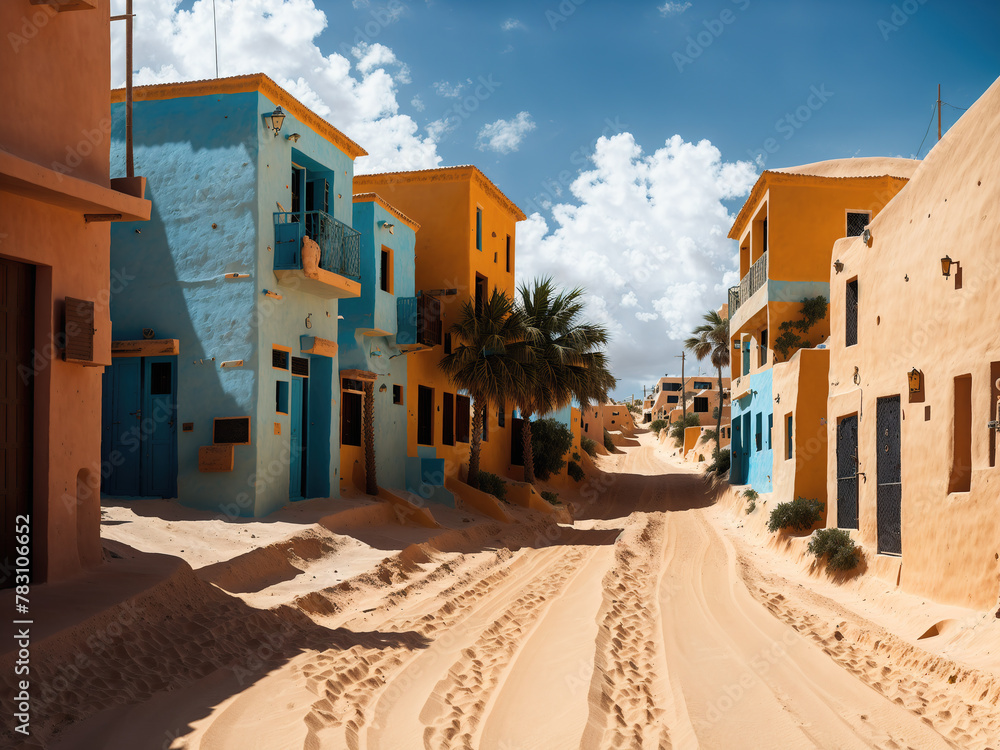 A narrow dirt road lined with colorful buildings in the background.
