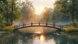 wooden bridge that spans the tranquil pond