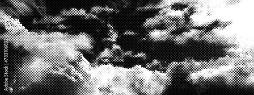 Black and white smoke with halftone raster effect and dot texture. Dramatic stormy sky. Clouds of fog in pop art or comics style. Retro vector BG