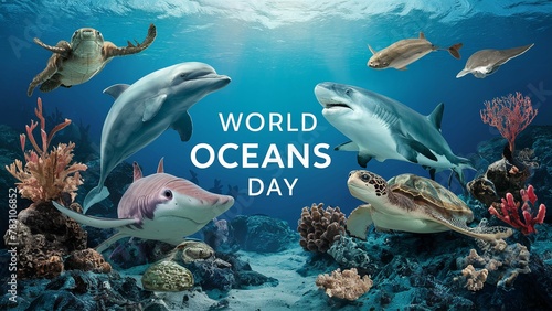 June 8, World oceans day, with underwater ocean, dolphin, shark, coral, sea plants, stingray and turtle © Deep Ai Generation