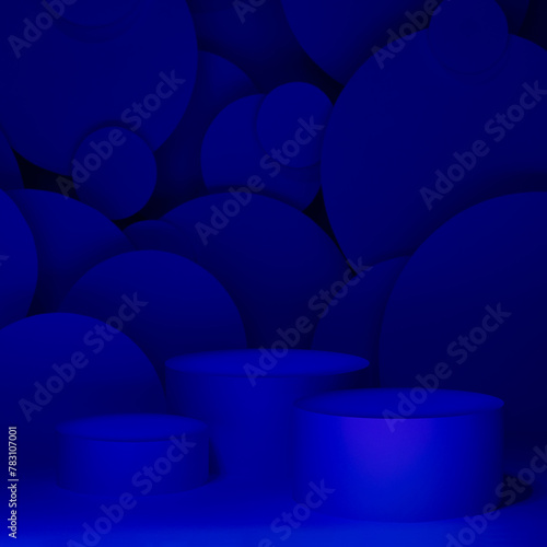 Abstract stage for presentation skin care products - three round podiums mockup in gradient dark blue ultramarine light, bubbles fly as decor. Template for displaying, showing in rich luxury style. © finepoints
