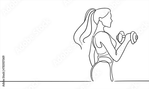 Girl with dumbbells isolated on white background. Fitness girl line art drawing. Vector illustration