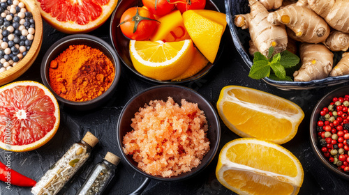 A table with a variety of fruits and spices  including oranges  lemons  and ginger