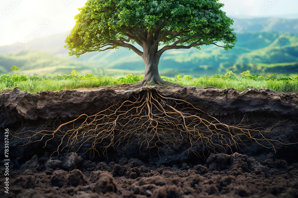 diagram of underground root system of green tree growing in field in