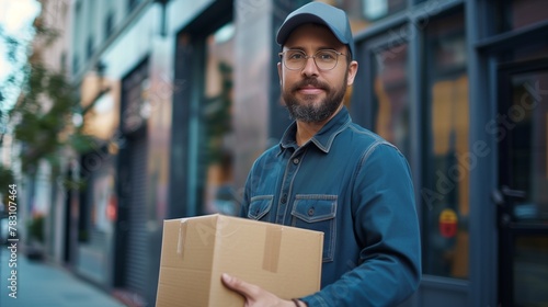 Portrait of smiling delivery man with a box. © Ekaterina Chemakina