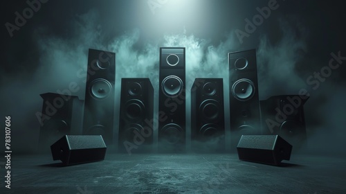 Speaker system in dark room with smoke and fog