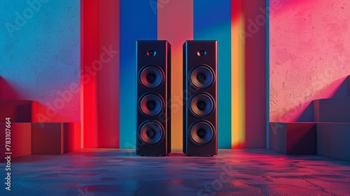 Blue and red sound speakers on a colorful background