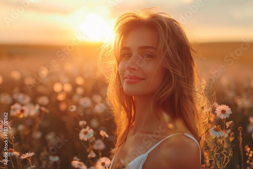 Smiling young woman in a white dress surrounded by flowers during a beautiful sunset © Dacha AI