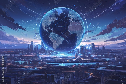 A digital illustration of the Earth with city lights and global network connections, symbolizing interconnectedness in an urban environment. 