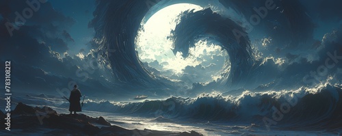 A fantasy landscape of massive waves crashing on the shore, illuminated by moonlight, with swirling mist and mysterious creatures