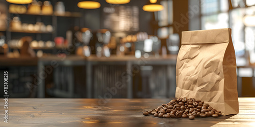 close up of a Coffee bag paper brown on a table in kitchen