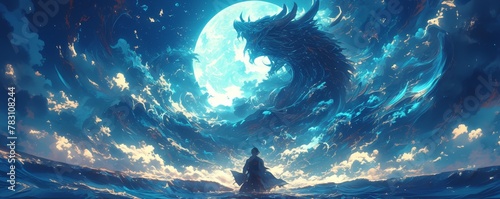 A fantasy landscape of massive waves crashing on the shore  illuminated by moonlight  with swirling mist and mysterious creatures