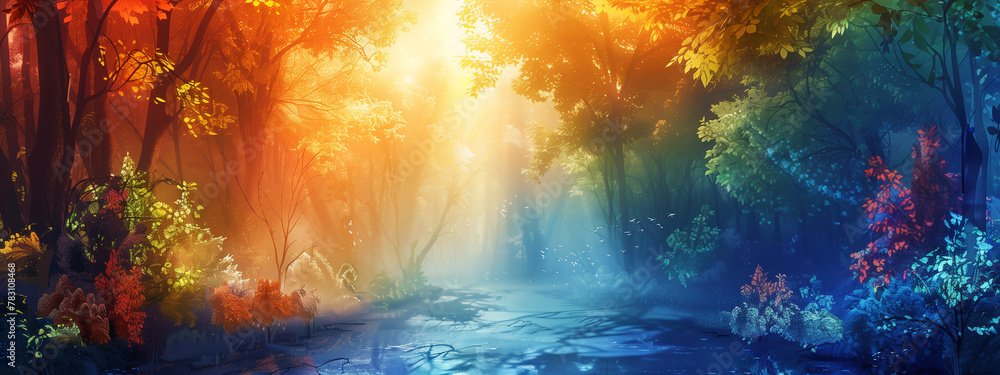 the forest in the red, yellow, blue rays of the morning sun, the awakening of nature, the change of seasons, copy space, soft focus, background