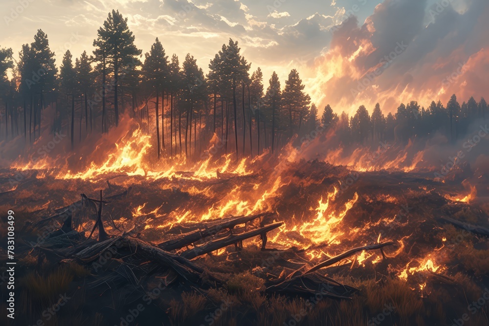 A forest fire is raging in the middle of an endless expanse, with tall trees burning and flames reaching up into the sky.  - obrazy, fototapety, plakaty 