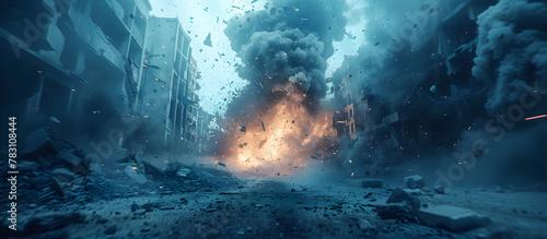 Explosive Digital Distortion in Blurred Post Apocalyptic Urban Ruins and Debris