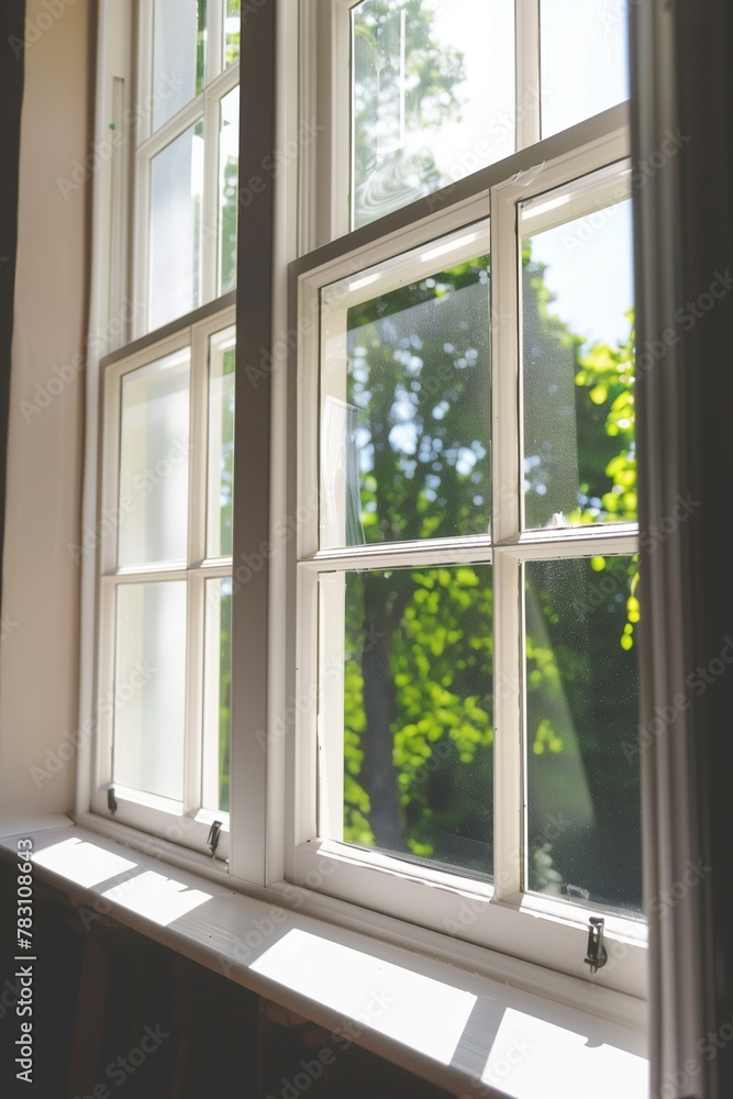 A clean white window overlooking the forest. A clean white window overlooking the forest.