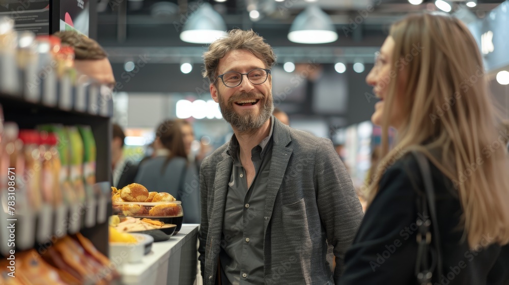 Group of professionals chat and laugh at trade show, with one man in his thirties smiling among colleagues, against backdrop of display lights.