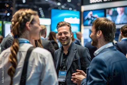 Group of professionals chat and laugh at trade show, with one man in his thirties smiling among colleagues, against backdrop of display lights.