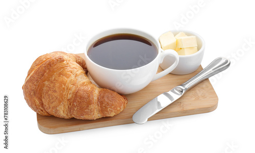 Fresh croissant  butter and coffee isolated on white. Tasty breakfast