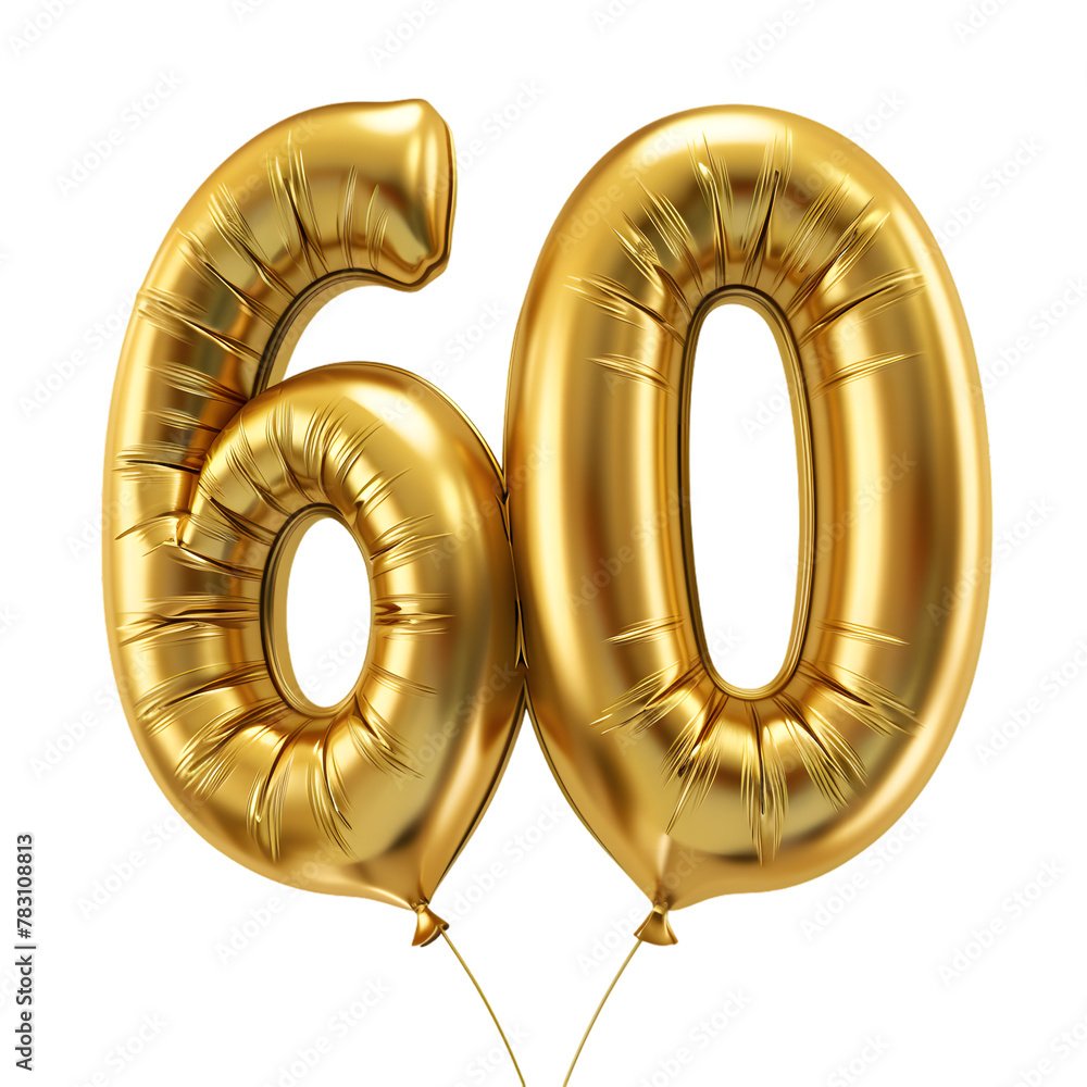 Golden number sixty metallic golden balloon isolated on transparent background
