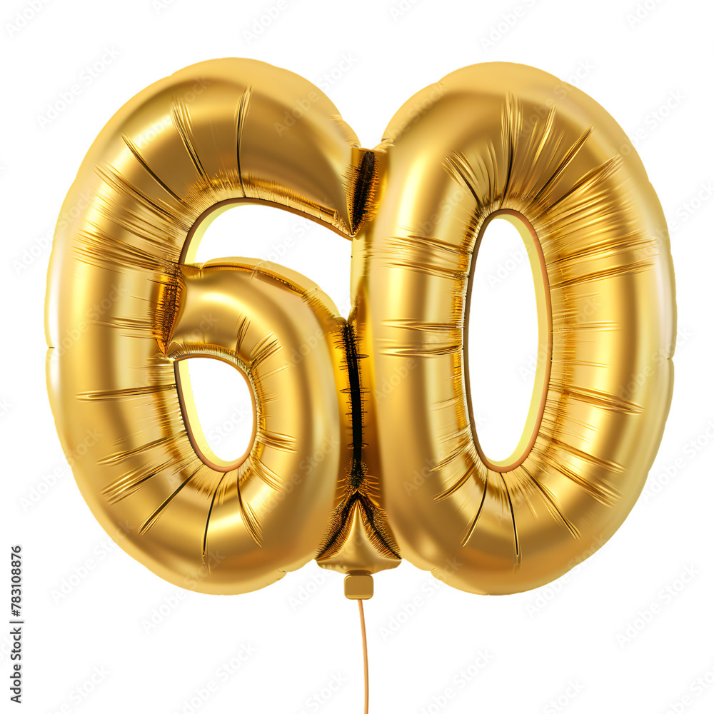 Golden number sixty metallic golden balloon isolated on transparent background