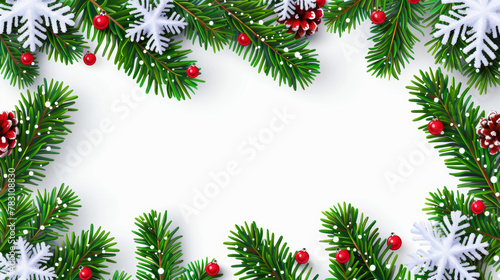 A white background with a Christmas tree and snowflakes. The tree is decorated with red berries and pine cones