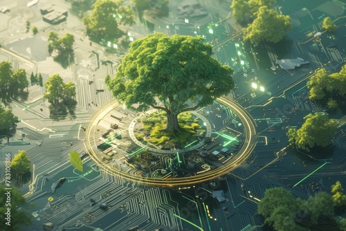 A green tree growing on top of a circuit board, surrounded by trees and plants, symbolizing the fusion between nature and technology. 