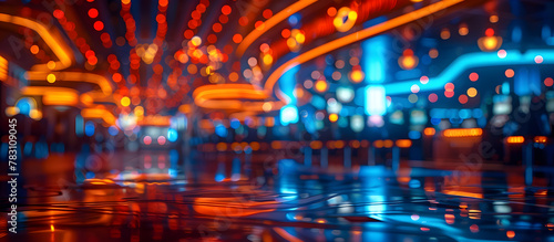 Futuristic Casino with Holographic Patrons Gambling in a Blurry Neon Lit Environment