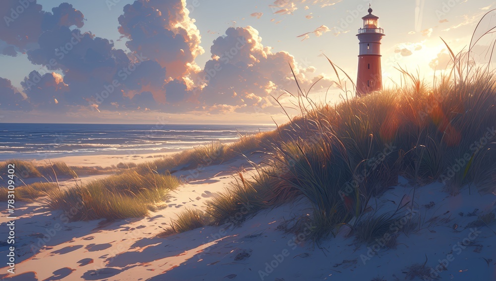 A lighthouse standing on top of the dunes overlooking an empty beach, surrounded by tall grasses and sand in sunset light. 