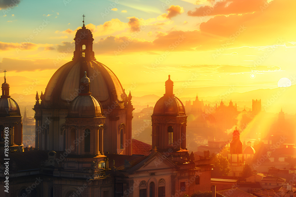 The sun is setting over a city with many tall buildings and domes. The sky is filled with clouds and the sun is casting a warm glow over the city. Generative AI