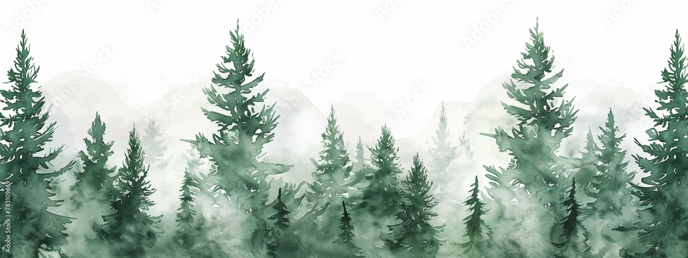 Obraz premium Watercolor banner with forest. Watercolor illustration background with a misty green coniferous forest.