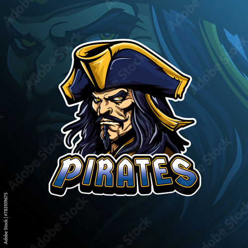 Pirate mascot logo design vector for badge, emblem, esport and t-shirt printing. Editable text