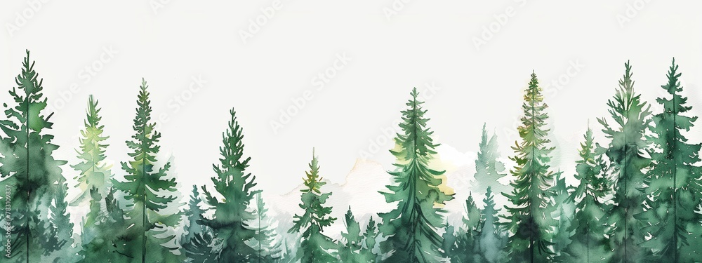 Watercolor banner with forest. Watercolor illustration background with a green coniferous forest.