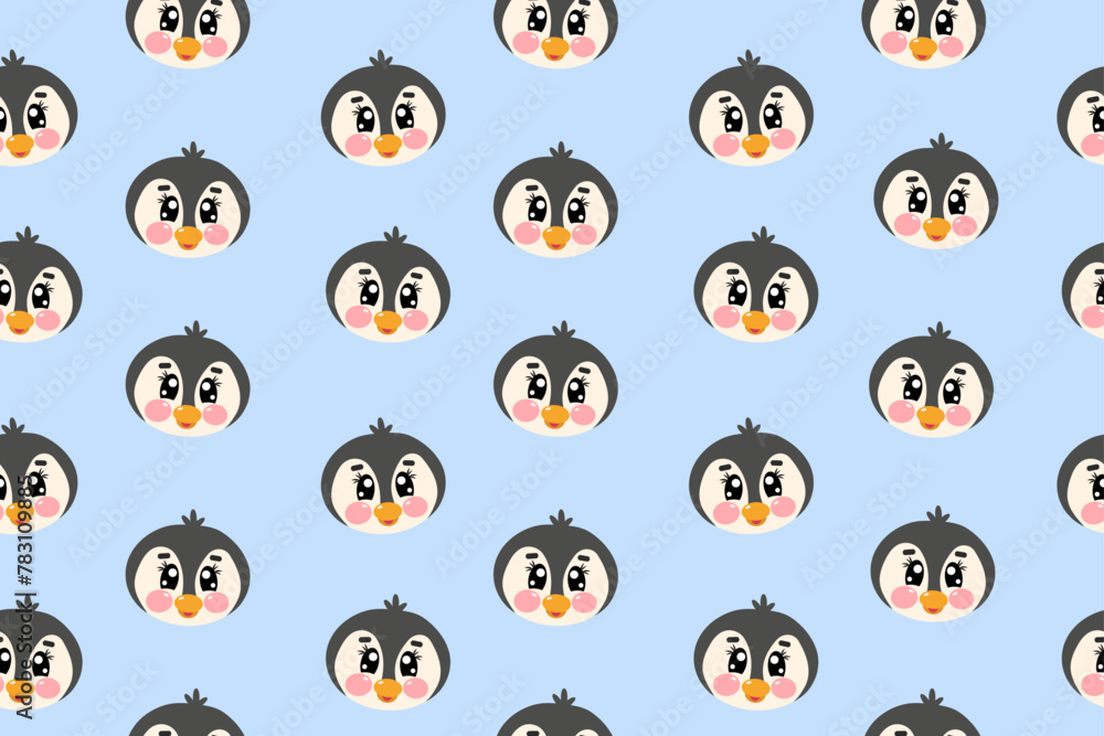 Seamless pattern with vector kawaii cute penguin face, head for kids, baby, children nursery, fabrics on light blue background Seamless pattern with vector kawaii cute penguin face, head for kids, baby, children nursery, fabrics on light blue background