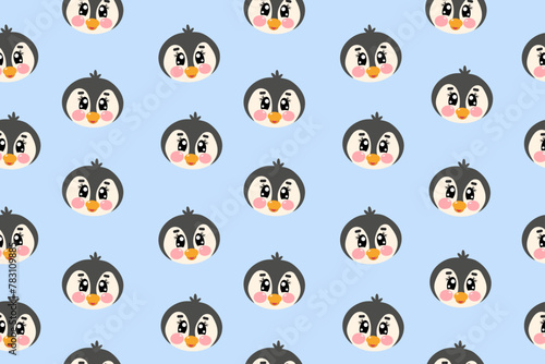Seamless pattern with vector kawaii cute penguin face, head for kids, baby, children nursery, fabrics on light blue background