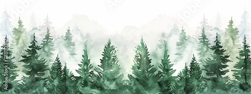 Watercolor banner with forest. Watercolor illustration background with a misty green coniferous forest. photo