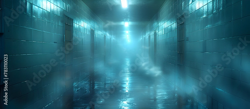 Futuristic Prison with Inmates Kept in Blurred Cryogenic Stasis Pods in a Moody Eerie Blue Toned Sci Fi Documentary Style Corridor Scene
