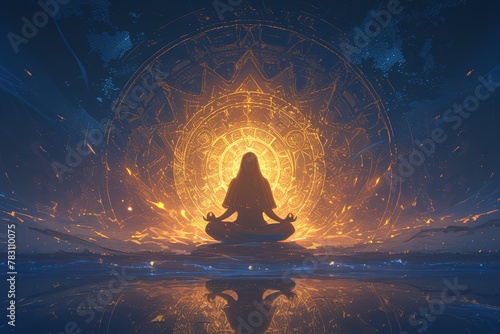 A meditating man with glowing aura around his body, symmetrical background, dark blue and orange photo