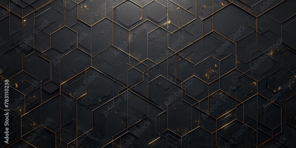 A modern dark gray and gold background with an array of metallic hexagons in various sizes and tones.  - obrazy, fototapety, plakaty 