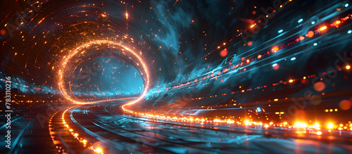 High Speed Cybernetic Race Through Glowing Galactic Vortex of Light and Motion photo