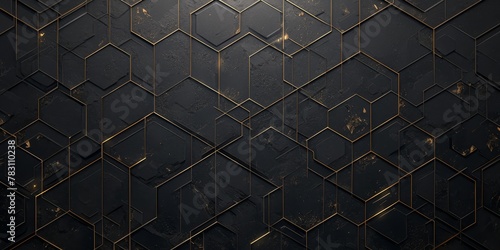 A modern dark gray and gold background with an array of metallic hexagons in various sizes and tones.  photo