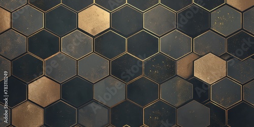A modern dark gray and gold background with an array of metallic hexagons in various sizes and tones. 