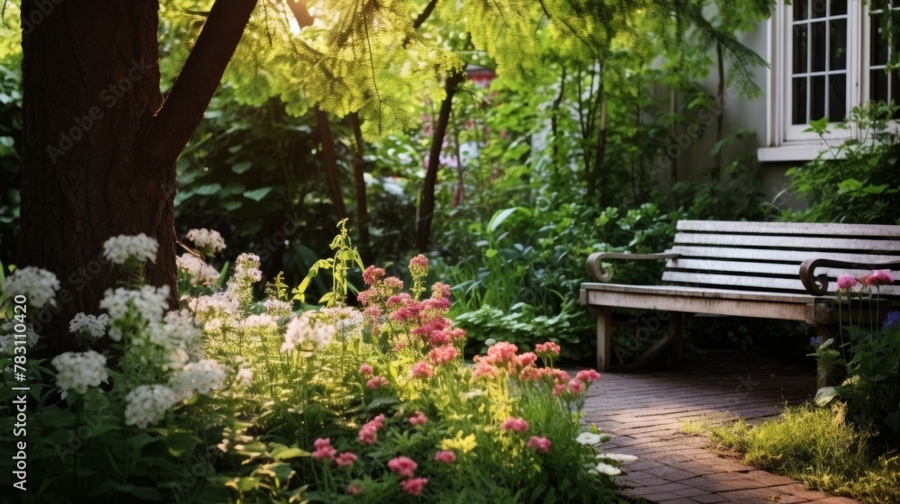 Timeless garden bench in backyard setting