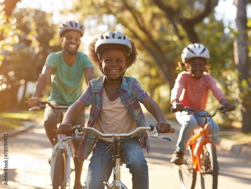 Joyful Family Bike Ride on Tree-Lined Path, Kids Wearing Helmets, Capturing Active Outdoor Lifestyle and Carefree Childhood Moments