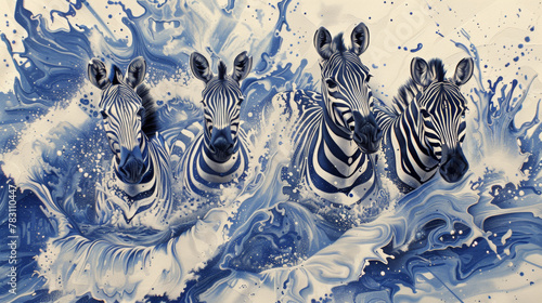 A painting of four zebras in the ocean. The zebras are swimming in the water, and the painting has a blue and white color scheme. The mood of the painting is calm and peaceful photo